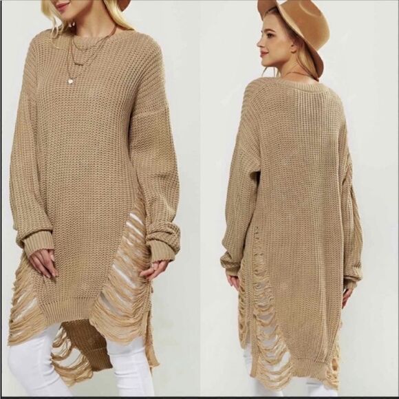 Fashion Nova Distressed Shredded Long Sweater Tan Medium Pullover - Picture 11 of 11